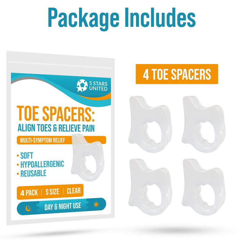 [Australia] - 5 STARS UNITED Pinky Toe Spacers for Men & Women ‚Äì 4 Gel Separators for Overlapping & Curled Little Toes, Bunions, Alignment - Diabetic Foot Care, Silicone Spreader, Corrector & Straightener, Clear Small 4 Pack 