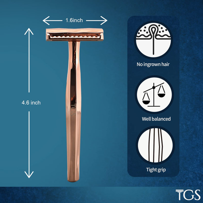 [Australia] - Double Edge Safety Razor, Classic for Men and Women, Reusable Safety Razor, Metal Long Handle Safety Razor, 10 Blade Refill Rose Gold 