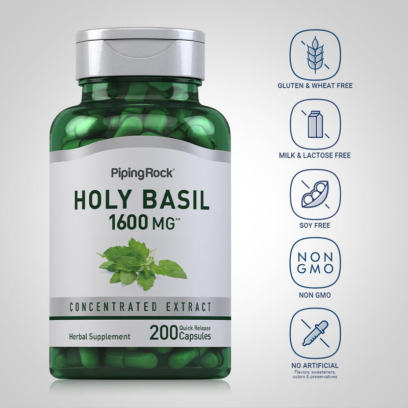 [Australia] - Piping Rock Holy Basil Capsules | 1600 mg | 200 Pills | Herb Leaf Extract | Supplement for Women and Men | Ocimum Tenuiflorum | Non-GMO, Gluten Free 