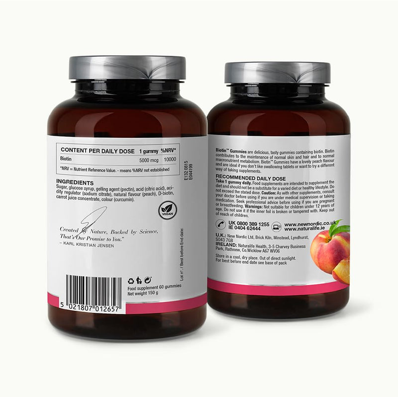 New Nordic Biotin Gummies, Biotin Supplement for Skin and Hair, Peach Flavour, 60 Count