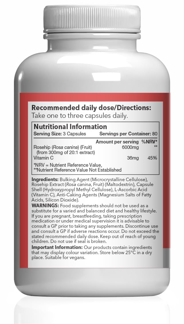 Rosehip Extract 6000mg with Vitamin C | Supports Joint Health & Skin Wellness | Vegans and Vegetarians Friendly | 240 Capsules = 80 Days' Supply | Made in The UK in Accordance with GMP Standards Unflavoured 1 count (Pack of 240)