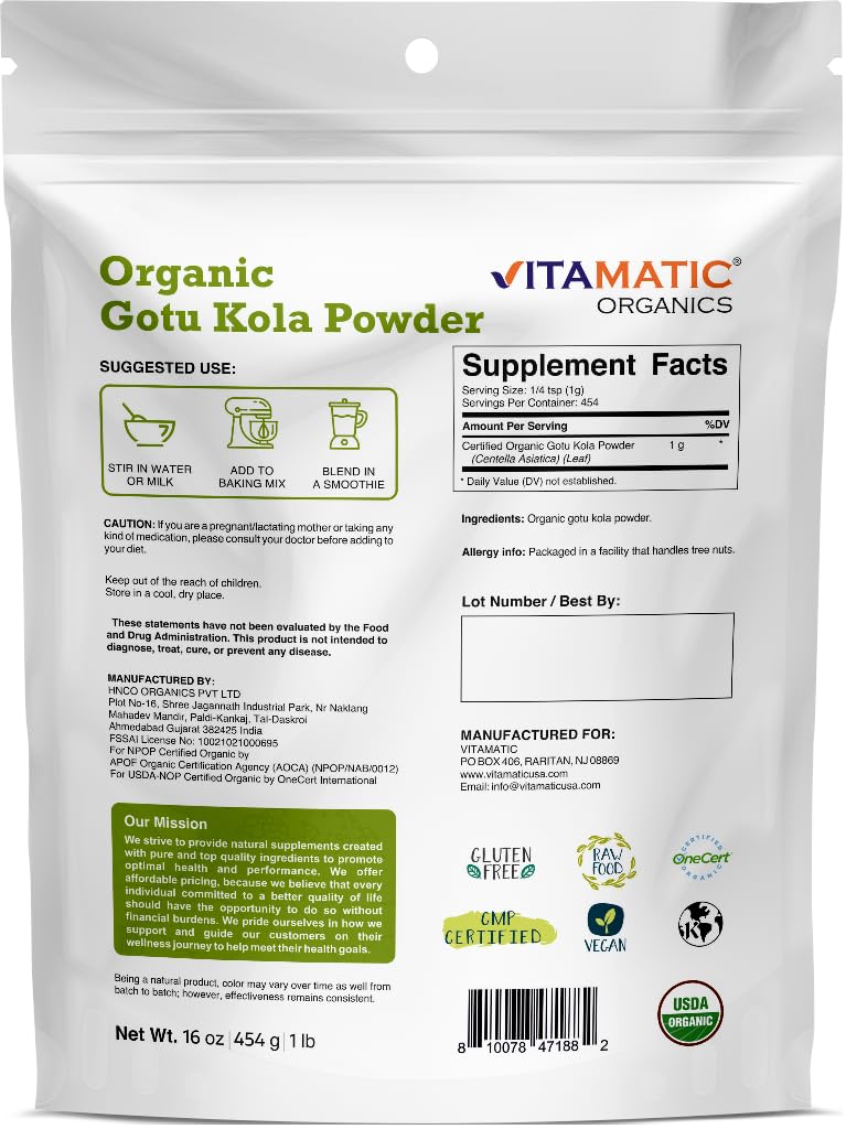 [Australia] - Vitamatic Certified USDA Organic Gotu Kola Powder 1 Pound (16 Ounce) 