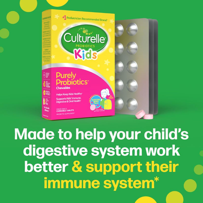Culturelle Daily Chewable Probiotics for Kids Ages 3+, Berry Flavor, 30 Ct | From the #1 Pediatrician Recommended Brand± Promotes Digestive Gut Health, Oral Care & Immune Support* 5B CFUs, Gluten Free 30 Count (Pack of 1)