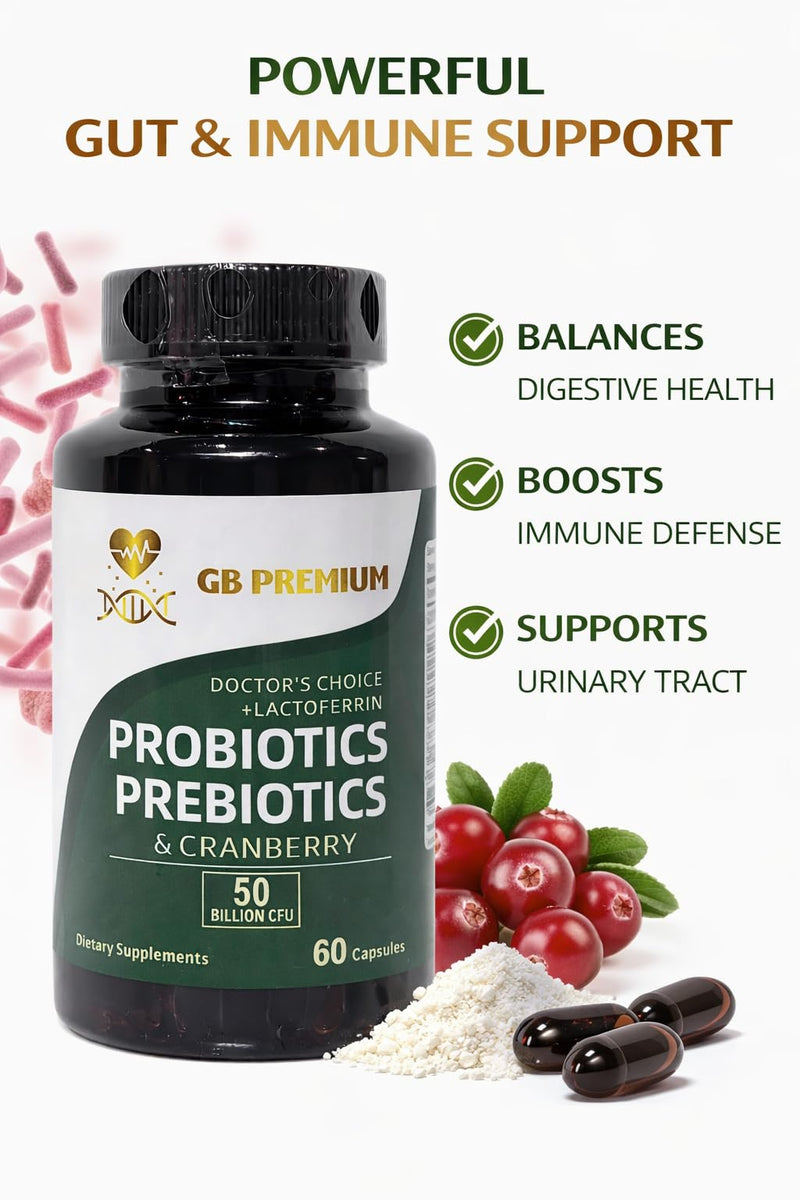 Probiotics, Prebiotics and Cranberry Supplement with Lactoferrin, 50 Billion CFU, 60 Capsules