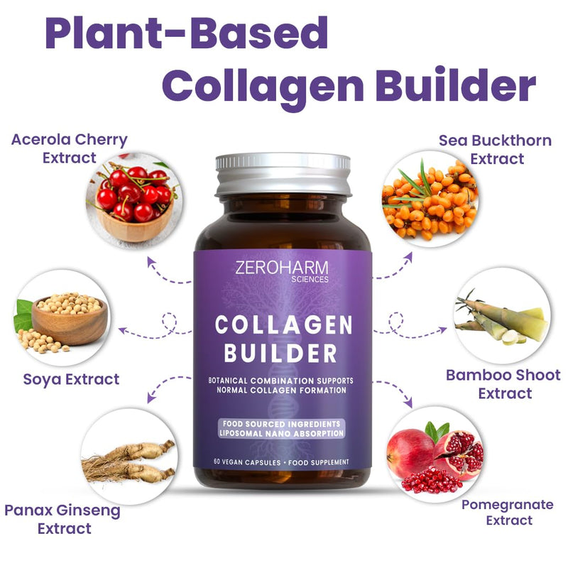ZeroHarm Collagen Builder – Plant-Based Supplement with Food-Sourced Ingredients – Skin, Hair & Joint Support – Liposomal Absorption – Powered by Real Food Ingredients – 60 Vegan Capsules