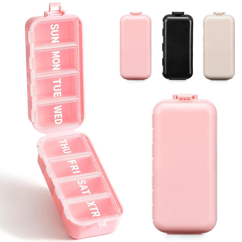 Foldable & Portable Weekly Pill Organizer, Week Daily 7 Day Travel Pill Box | 1 Time A Day, with 1 Extra Compartment, Double Lock, Large Medicines Case Holder Dispenser for Med, Vitamin, Supplement, Pink