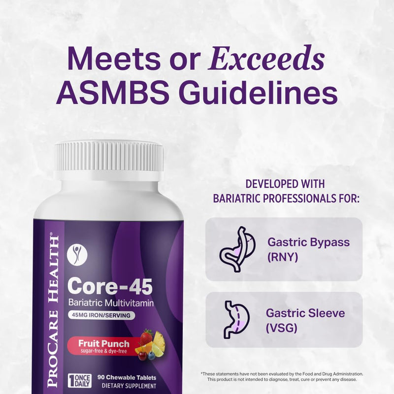 Core-45 Bariatric Multivitamin | Fruit Punch | Chewable | 30ct | Once Daily Bariatric Multivitamin with Iron 45mg Chewable Tablets for Gastric Bypass, Sleeve & Post-Op Support - Made in USA 30 Count (Pack of 1)