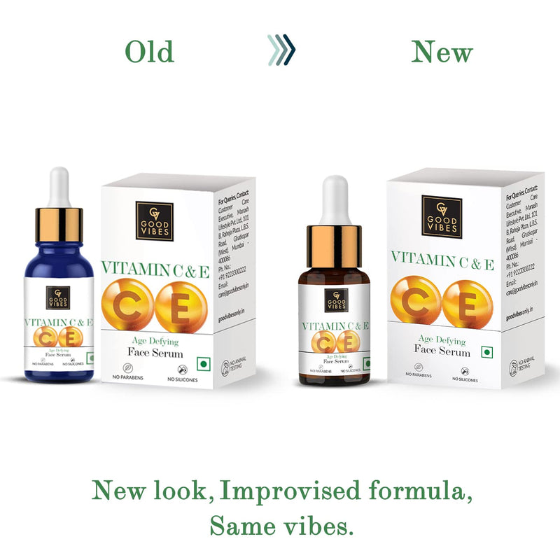 Good Vibes Vitamin C & Vitamin E Age Defying Face Serum | Lightweight Naturally Glowing Serum For All Skin Types | Helps Repair Skin & Wrinkles | No Parabens & Sulphates (10 ml/0.34 Fl Oz)