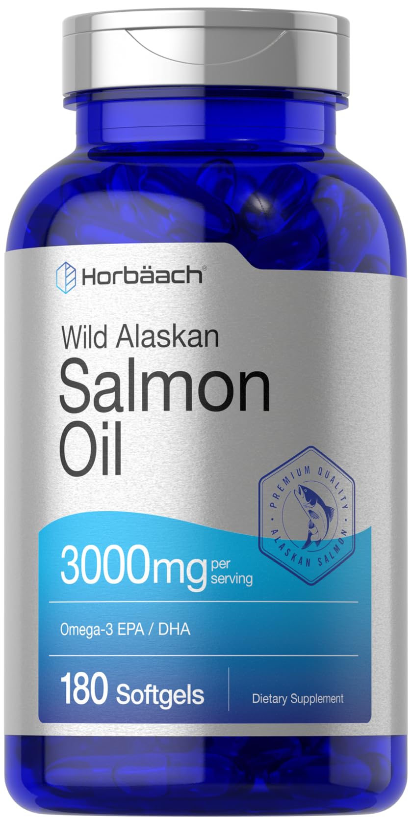 Horbäach Wild Alaskan Salmon Fish Oil | 180 Softgel Capsules | Gluten Free, Non-GMO | High Potency | Excellent Source of Omega-3 Fatty Acids EPA and DHA