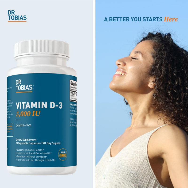 Dr. Tobias Vitamin D3 5000 IU 90 Capsules | Extra Strength Vitamin D | Bone, Teeth & Immune Support | 5,000 IU Vitamin D3 | Gelatin-Free & Non-GMO | 90 Servings 90 Count (Pack of 1)