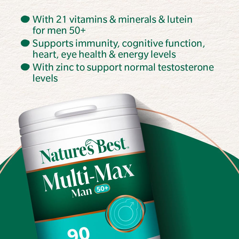 Nature's Best Multi-Max Man 50+ Multivitamin - Targeted Support with Vitamin D, B and Magnesium for Energy & Cognitive Health for Men Over 50 - UK Made - 90 Tablets (3 Months' Supply)