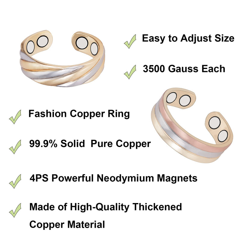 [Australia] - Pure Copper Rings for Women, 2PCS Adjustable Magnetic Tricolor Gold Ring, Copper Jewelry（0949 0950） 