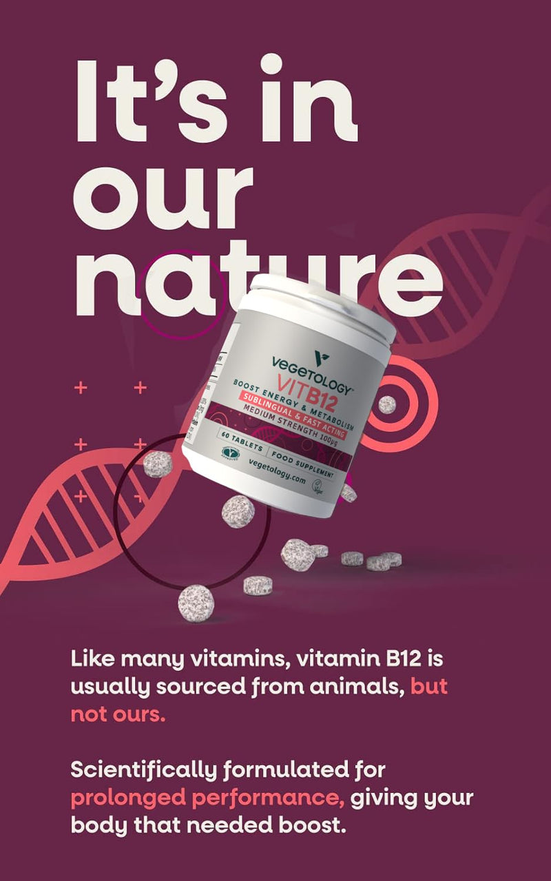 Vegetology Vitamin B12 Sublingual, 100mcg, Fast Acting Tablets, Cruelty Free, Fermented Source, Vegan Friendly, Boosts Energy and Supports Brain Function, 60 Day Supply