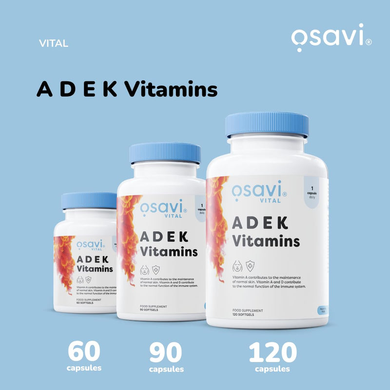 Osavi ADEK Vitamins – 120 Softgels | Supports Immunity, Bones & Skin | Natural Beta–Carotene, D3, E & K2 for Immune Defense, Strong Bones, Healthy Skin, Vision & Muscle Function 120 count (Pack of 1)
