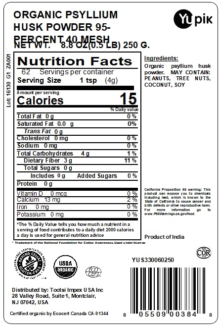 [Australia] - Yupik Organic Psyllium Husk Powder 8.8oz, 95% Purity, Soluble Fiber, USDA Certified, Non-GMO, Vegan, Gluten-Free, Unflavored, Plant-Based, Coarse Milled Husk for Baking & Digestive Health 8.8 Ounce (Pack of 1) 
