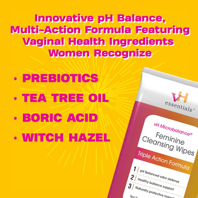 [Australia] - vH essentials Feminine Cleansing Wipes - pH Balanced, Prebiotics, Tea Tree & Aloe, Soothing Witch Hazel, Odor-Blocking Formula, Vaginal and Perianal Care, Paraben, Alcohol, and Fragrance-Free 