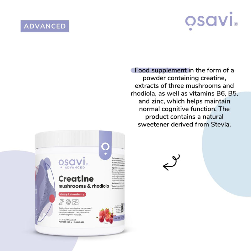 Osavi Creatine + Mushrooms & Rhodiola – 300 g Powder | Cherry & Strawberry | with Lion’s Mane, Cordyceps & Chaga | Increases Performance in Short Bursts of high Intensity Exercise | B6, B5, Zinc