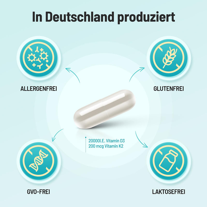 [Australia] - Vitamin d3 k2 capsules high dosage - 20000I.U. + Vitamin K2 MK7 200 mcg per dose, 180 vegetarian capsules, without additives, produced in Germany 20000IE 
