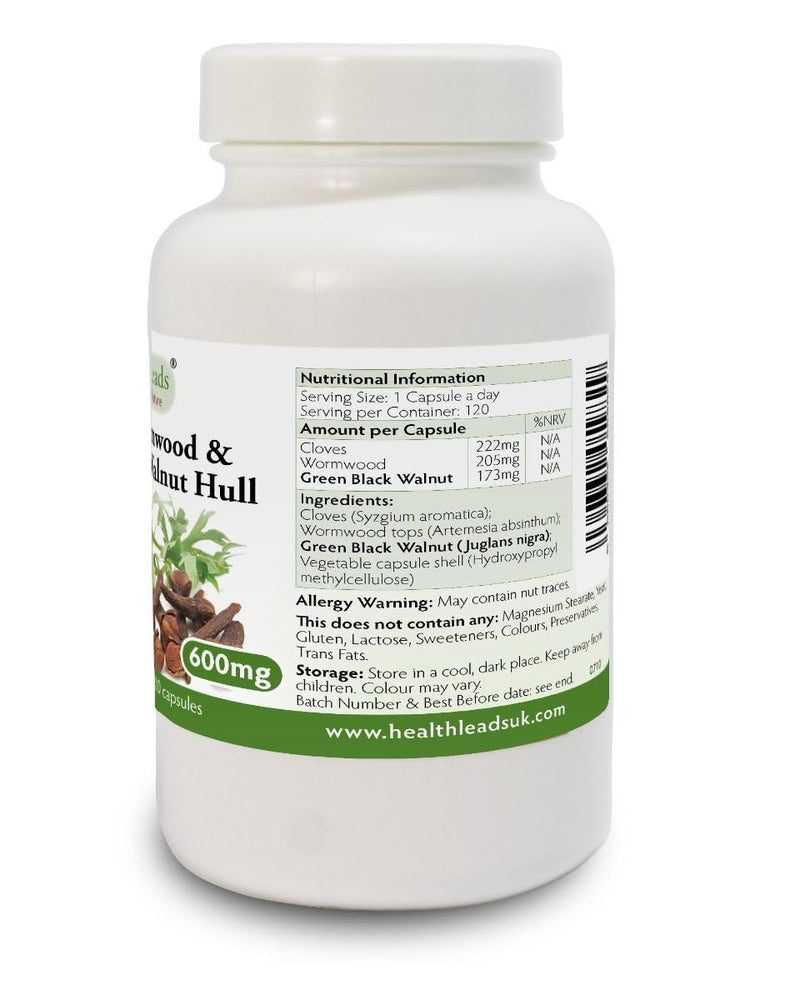 Wormwood Black Walnut and Clove Capsules 600mg Per Capsule – Triple Herbal Complex – Green Walnut Hull Extract – 120 Vegan Capsules (4 Month Supply, 1 Per Day) 120 count (Pack of 1)