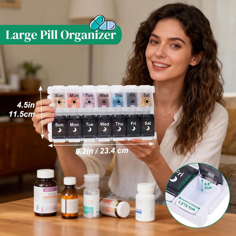 Shintop Weekly Pill Organizer 2 Times a Day, 7 Day Am Pm Pill Box | Arthritis-Friendly Push Buttons, Removable Lid, 14 Large Compartments for Vitamins and Fish Oil, BPA-Free PP, Silicone Hinges Black&white