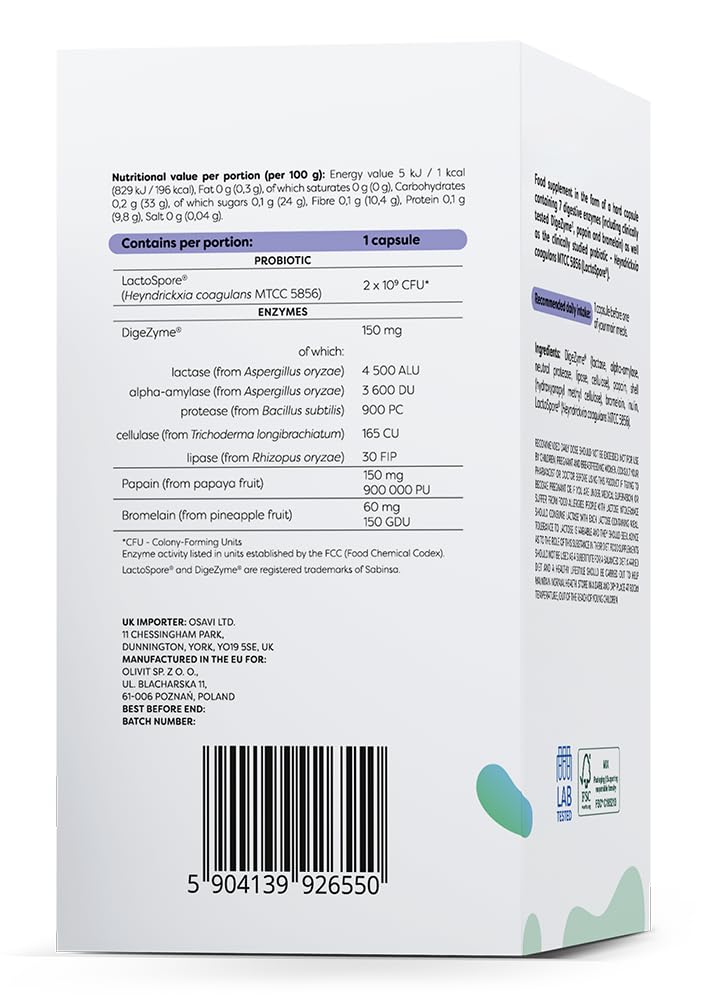 Osavi Digestive Enzymes + Probiotic – 120 Vegan Capsules | DigeZyme® + LactoSpore® | 7 Digestive Enzymes with Papain & Bromelain | Clinically Studied Ingredients | Clean Label