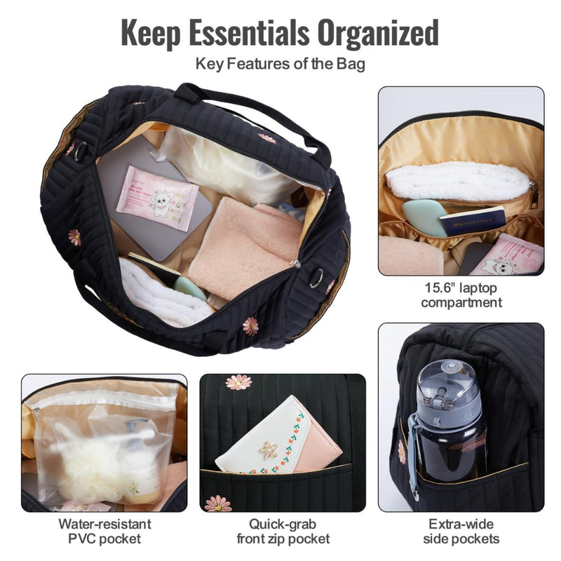 Women’s Travel Duffel Bag – Large Weekender & Overnight Travel Bag with Wet Pocket, Carry-On Friendly, Ideal as Hospital or Maternity Bag for Labor and Delivery Large - Black Flowers