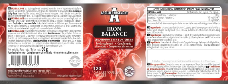 Iron Balance 120 Vegan Capsules - Iron Chelate with Vitamin C and Lactoferrin - 120 Daily Servings - for Enhanced Absorption - Dietary Supplement by Apollo's Hegemony Capsule 120 count (Pack of 1)