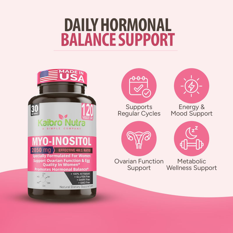 Kaibro Nutra Myo-Inositol & D-Chiro Inositol 40:1 Supplement - 2050mg | Hormone Balance & Ovarian Support for Women with Vitamin B8, Vegan, Non-GMO (120 Capsules) 120 Count (Pack of 1)