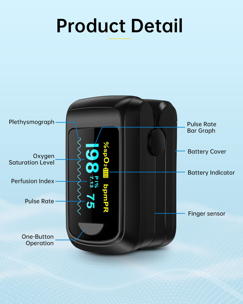 Fingertip Pulse Oximeter Blood Oxygen Monitor Pulse Ox, Heart Rate and Fast Spo2 Reading Oxygen Meter with OLED Screen Included Batteries and Lanyard black