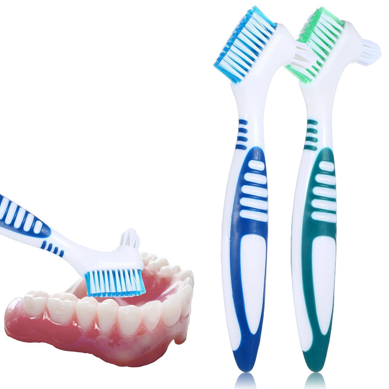 [Australia] - 2Pack Denture Brush Denture Toothbrushes Double Sided Denture Cleaning Brush Set Premium Hygiene Denture Cleaner Set Multi-Layered Bristles Rubber Handle(Blue/Green) Blue/Green 