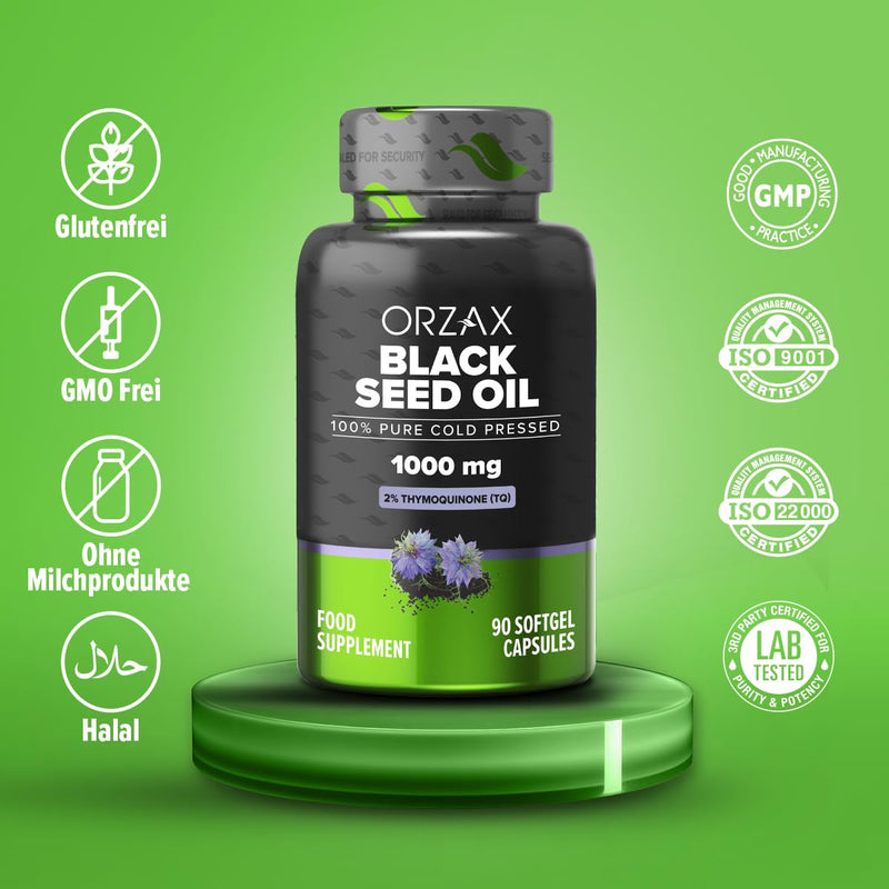[Australia] - Orzax black cumin oil capsules - 1000mg with 20mg thymoquinone per daily dose (original Nigella sativa) - Turkish - 90 capsules - natural & cold pressed, laboratory tested 