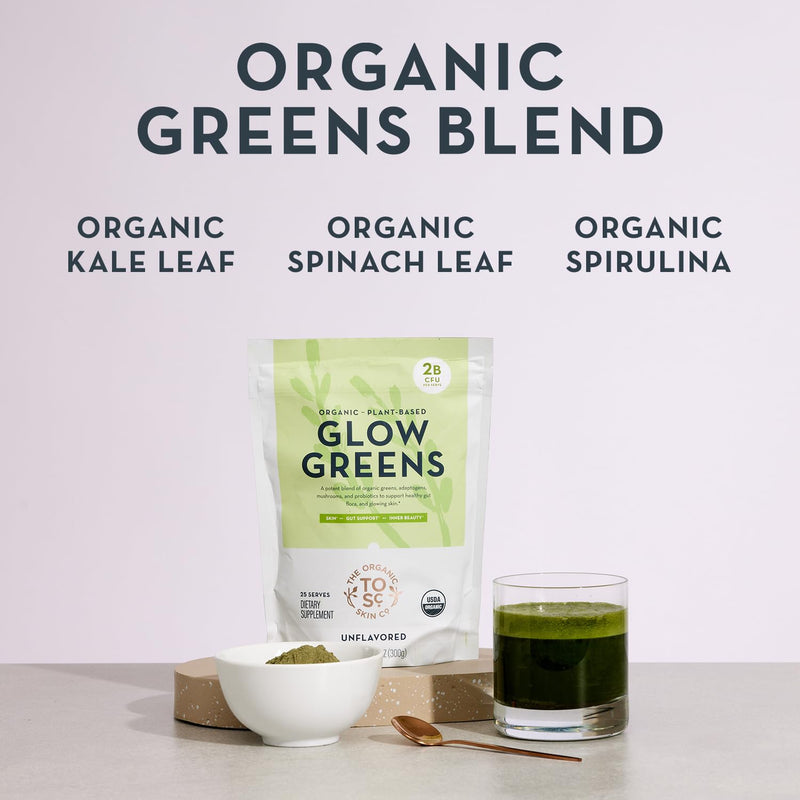 Organic Greens Powder Drink Mix | Skin & Gut Health USDA Organic Superfood Blend Probiotics Digestive Enzymes Tremella Mushroom Biotin Vitamin C & Bamboo Silica Vegan Glow Greens Unflavored 25 Serving