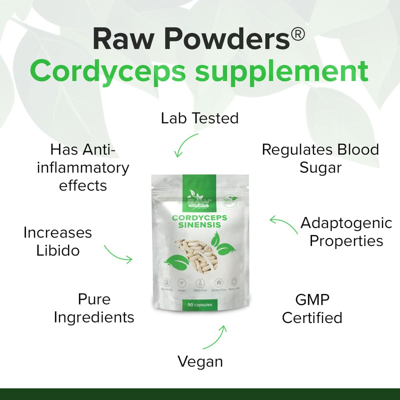 Cordyceps Sinensis 750mg, 90 Capsules - High-Strength, Pure Superfood Mushroom for Immune & Energy Boost - Supports Overall Health, Free from Magnesium Stearate Support by Raw Powders