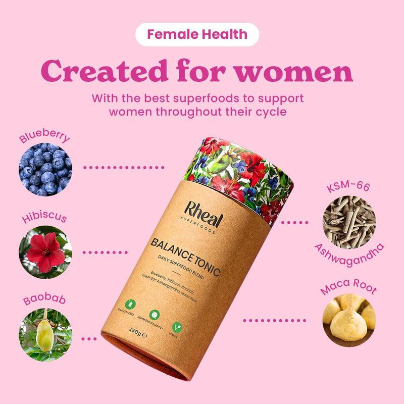 Rheal Balance Tonic, 150g (30 Servings), Women’s Health & Cycle Support Powder with 500mg KSM-66® Ashwagandha, Adaptogenic Superfood Blend for Stress Relief & Hormonal Balance