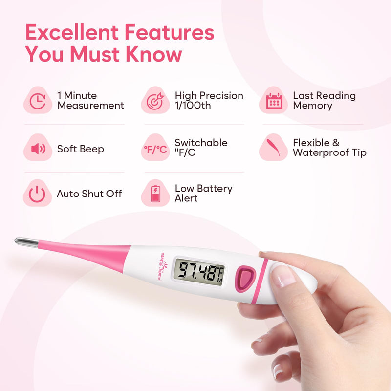 Easy@Home Ovulation Test Kit: 50 Ovulation Strips + EBT-018 Basal Body Thermometer Pink