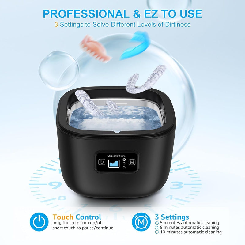 [Australia] - Ultrasonic Retainer Cleaner, Denture, Retainer Cleaner Machine for Denture, Mouth Guard, Jewelry, Brace, Toothbrush Head, 43kHz UV Ultrasonic Retainer Cleaner with 255ML Black 