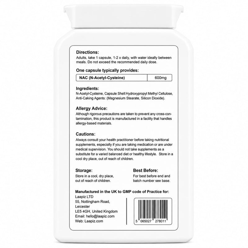 Nac Supplement 600mg 120 Vegan Capsules | Nac N-Acetyl-Cysteine 600mg | UK Made GMP Certified | Daily Food Supplement| 120 Days Supply