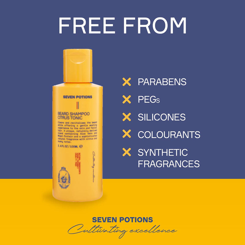 [Australia] - Seven Potions Beard Shampoo for Men - Gentle, cleansing beard cleansing for a clean beard without itching - natural, vegan, not tested on animals - Citrus Tonic (100 ml) 100 ml (pack of 1) 