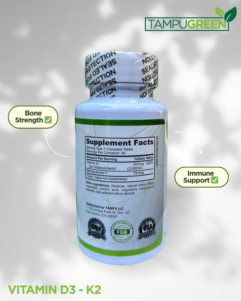 TAMPUGREEN® Vitamin D3 + K2 | Bone, Heart & Immune Support | High Potency 2000 IU D3 + 75 mcg K2 Supports Calcium Absorption | GMP | Made in USA | 90 Tablets