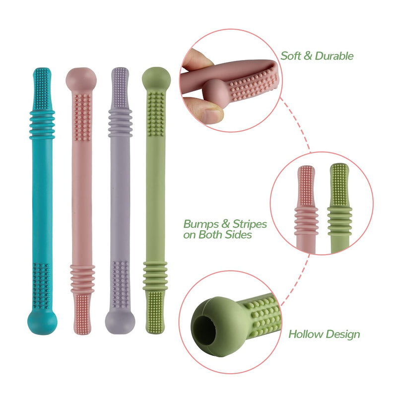 [Australia] - Fu Store Hollow Teether Tube, 6 Pack Chew Straw Toy for Infant Toddlers Silicone Tubes Teething Toys for Babies 3-12 Months BPA Free/Freezable/Dishwasher and Refrigerator Safe 