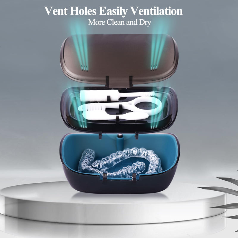 Double Layer Aligner Case Retainer Case With Mirror, Retainer Holder With Remover Tool And Cleaning Brush With Vent Holes Compatible With Aligner Case, Retainer Case,Orthodontic Supplies Case BLACK