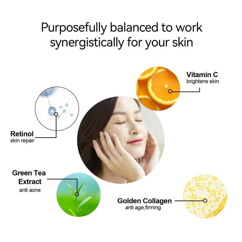 XMEECOS Retinol and Collagen Serum for face with Collagen Balls Niacinamide Green Tea Extract Vitamin C Retinol Natural Anti-aging Moisturizing Vitamin A Soothing and Amino Acid| Giftable|