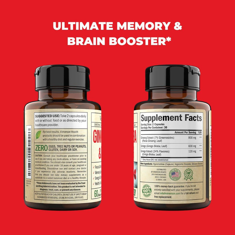 [Australia] - Ginseng + Ginkgo Biloba Supplements. Extra Strength Nootropics Brain Support Supplement for Memory & Focus with Panax Ginseng Root Extract Powder 800mg + Gingko 600mg + Ginkgo Biloba Extract 120mg 60 Count (Pack of 1) 