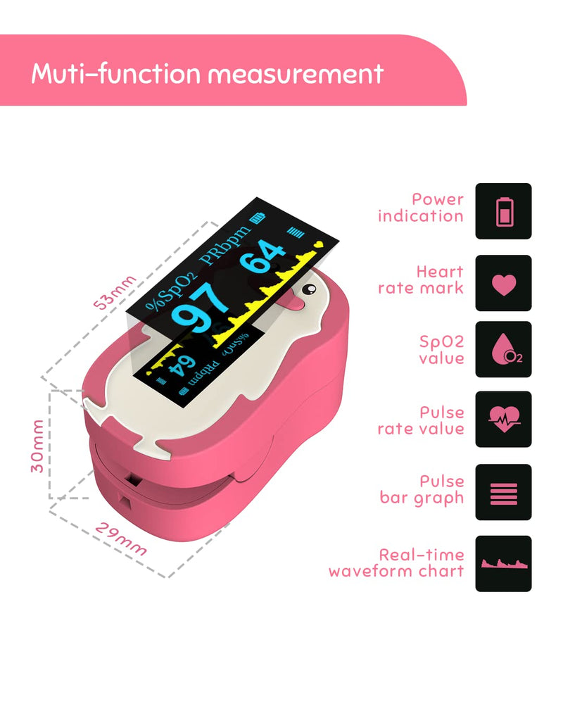[Australia] - Pulse Oximeter for Kids, Vibeat Fingertip Blood Oxygen Meter with Smart Reminder for Children, Home Oximeter Finger with Pulse, Batteries & Lanyard Included, FSA/HSA Eligible, Pink 