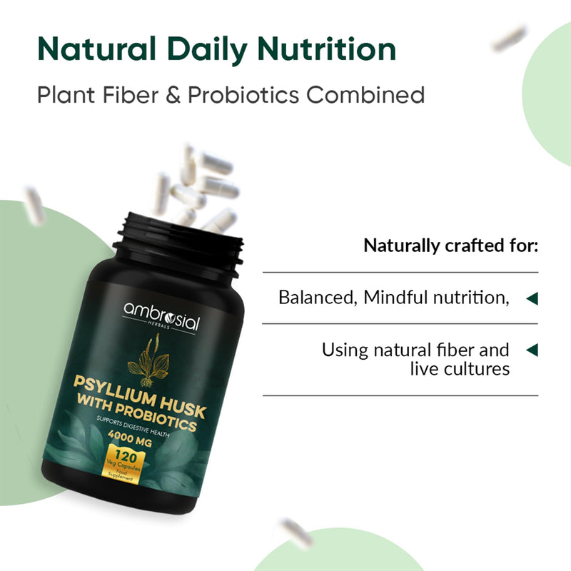 Ambrosial Psyllium Husk 4000 mg with Probiotics – 2-in-1 Plant-Based Fiber & Probiotic Complex – Natural Daily Fiber Source with Lactobacillus Acidophilus – 120 Vegan Capsules – Non-GMO, Gluten-Free