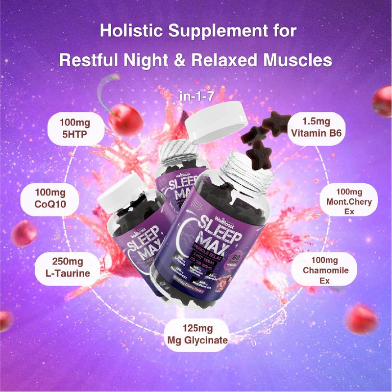 Sleep Max 5 HTP, Co Q10, L-Taurine, Magnesium, Chamomile Extract, Mont Cherry Extract and Vitamin B6 with Soothing Cherry Flavour Gummies
