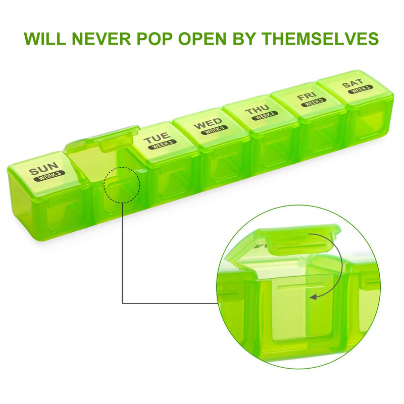 Sukuos Monthly Pill Organizer 28 Day Easy to Open, Large Moisture-Resistant Pill Box Cases with Dust-Proof Box and Clear Lid for Vitamin/Fish Oil/Supplements Green & Yellow