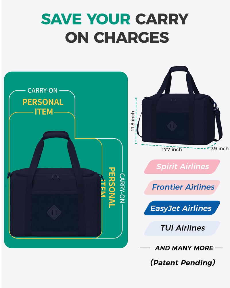 WANDF Personal Item Travel Bag 18x14x8, Carry On Duffle Bag for Women | Frontier Underseat Fit, Weekend Overnight Trips, Wet Pockets, Lightweight Flight Essentials A-Blue