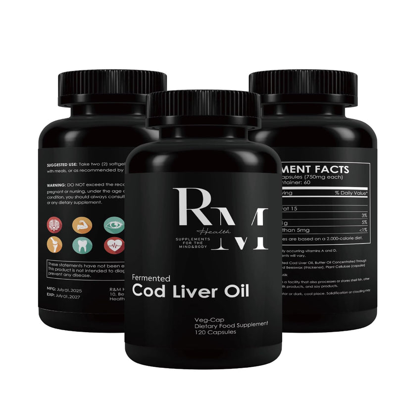 R&M Health Alaskan Fermented Cod Liver Oil and Concentrated Butter Oil Capsules - 120 per Bottle (Unflavoured). Rich in Vitamin A and D, Omega 3 Supplement 180 ml