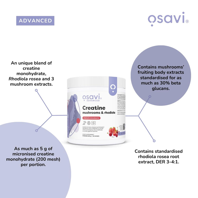 Osavi Creatine + Mushrooms & Rhodiola – 300 g Powder | Cherry & Strawberry | with Lion’s Mane, Cordyceps & Chaga | Increases Performance in Short Bursts of high Intensity Exercise | B6, B5, Zinc